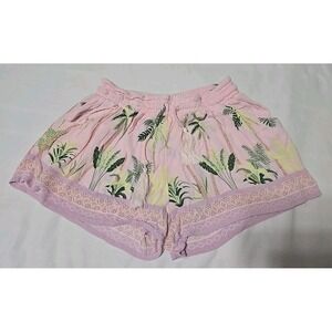 Women's Medium Ocean Drive Shorts Pink With Tropical Palm Leaf Print Drawstring